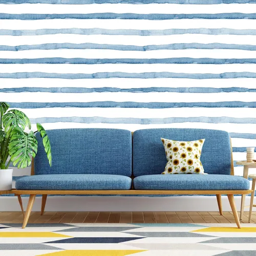 Miniatura 2 de HAOKHOME Papel pintado azul para despegar y pegar, papel de pared rayado costero bohemio, removible, azul índigo/blanco, de vinilo, autoadhesivo
