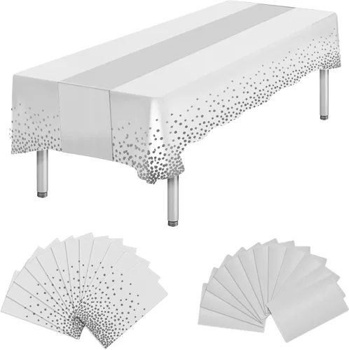 Miniatura 8 de Paquete de 12 manteles rectangulares de plástico negro desechables y satinados, mantel rectangular negro y dorado para cumpleaños, aniversario