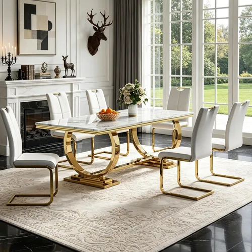 Miniatura 35 de 5 Piece Black Marble Dining Table Set for 4, Modern Faux Marble Kitchen Dining Room Tables with 4 Leather Chairs Set, 68.11" Luxury Rectangular