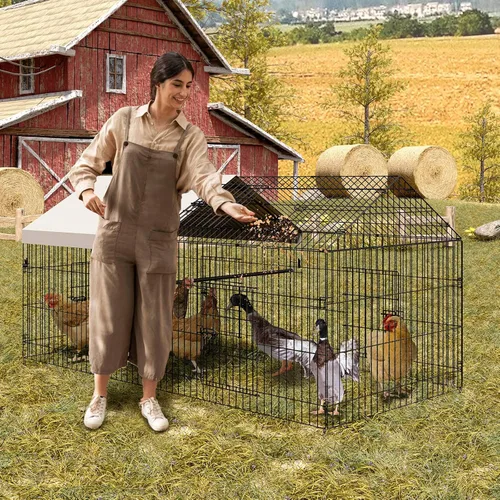 Gallinero de metal, corralito de pollo para patio con cubierta, jaula portátil de metal para exteriores con 4 puertas y 1 ventana para gallina
