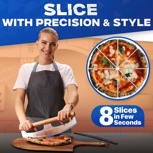 Miniatura 6 de KitchenStar Cortador de pizza con hoja basculante de 16 pulgadas + cáscara de pizza de madera de 16 pulgadas + piedra para pizza para horno