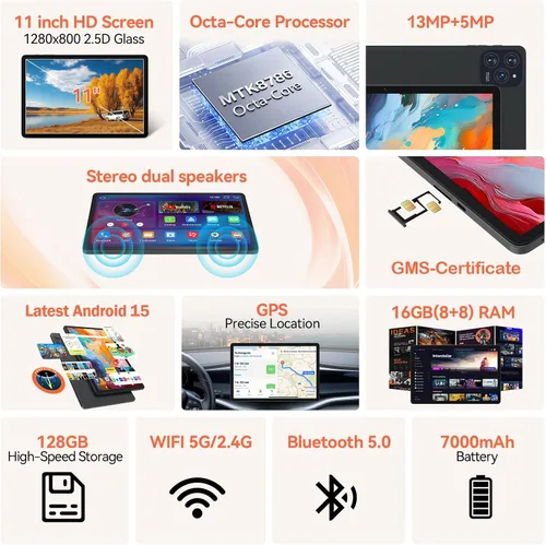 Miniatura 9 de Tableta Android 15 de 11 pulgadas con procesador Octa Core 16 GB RAM 128 GB ROM 1TB Expandir tableta con batería de 7000 mAh, cámara de 21 MP
