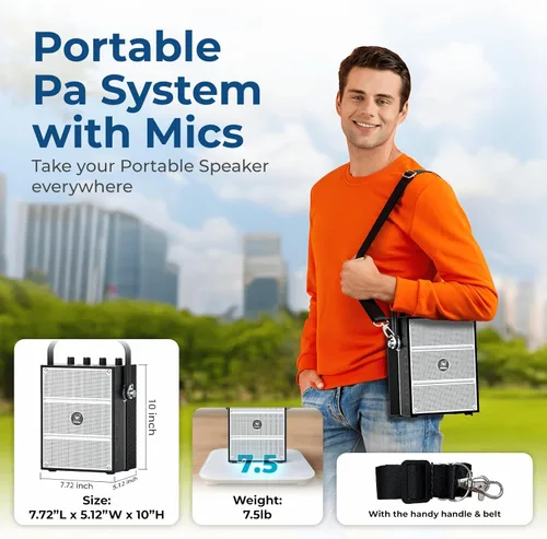 Miniatura 5 de Amplificador de voz potente de 100 W con 2 micrófonos inalámbricos, altavoz portátil con sonido profesional grande con micrófono, altavoz Bluetooth