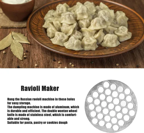 Miniatura 2 de Cyrank Molde de bola de masa para ravioles, 37 agujeros para hacer albóndigas rusas Pelmeni, molde de metal para hacer albóndigas ravioles