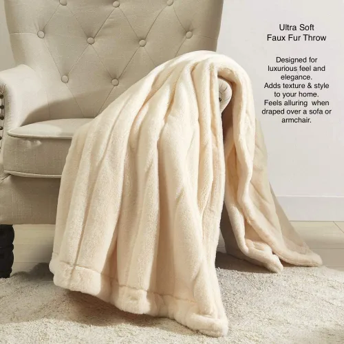 Miniatura 7 de Manta de piel sintética, felpa suave de doble cara, elegante decoración cálida a rayas para cama, sofá y silla (individual/crema)