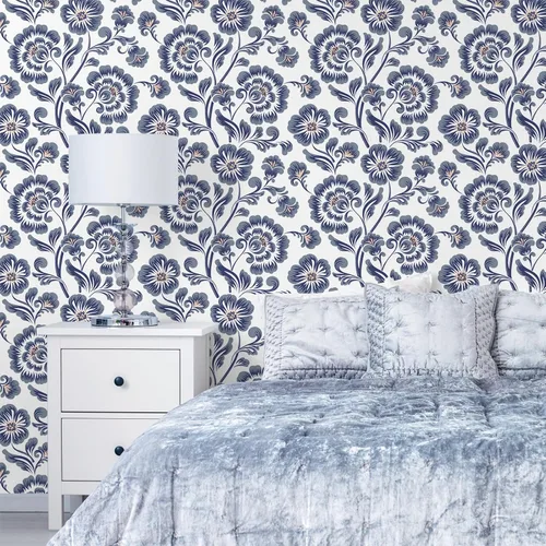 Miniatura 3 de VEELIKE Papel tapiz autoadhesivo con diseño floral vintage gris y azul de 17.7 x 354 pulgadas, papel de contacto autoadhesivo extraíble