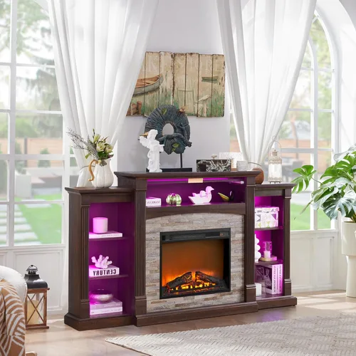 Miniatura 3 de SAVOR LIFE Soporte de TV con Chimenea para TV de 80'', Chimenea Eléctrica de 70" con Repisa, Centro de Entretenimiento Estilo Granja de 39" de Alto
