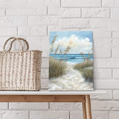 Miniatura 3 de Cuadro abstracto de playa para pared: camino de arena al océano con hierba marina pintura para dormitorio (16 x 12 x 1 panel)