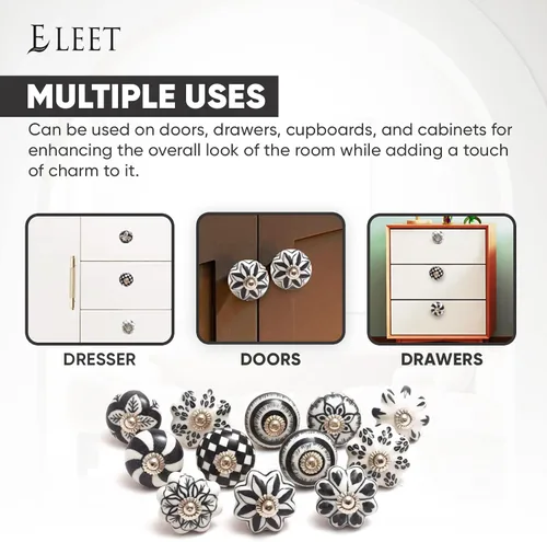 Miniatura 5 de Eleet Perillas de Cerámica de Diseñador para Gabinete - Paquete de 12 Tiradores Vintage de Puerta de Gabinete y Alacena Pintados a Mano en Blanco