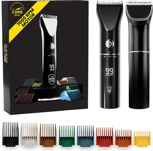 The Beard Club Recortadora de barba para hombres – Cortadora eléctrica inalámbrica recargable de barba y pelo – Alta potencia 7000 RPM – 8 guías de