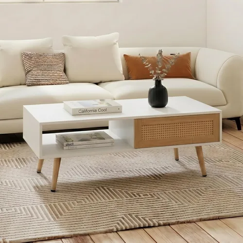 Miniatura 3 de IANIYA Mesa de centro con almacenamiento oculto, mesa central rectangular de 41.3 pulgadas con puerta tejida de ratán y patas de madera maciza
