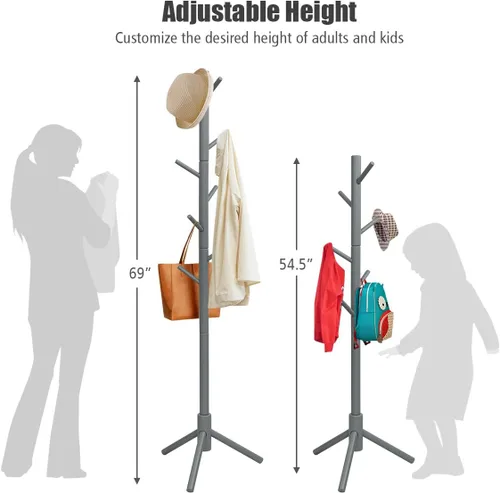 Miniatura 6 de Tangkula Perchero independiente, soporte de madera de goma con 8 ganchos, altura ajustable para entrada, abrigo de árbol, soporte para el hogar, Gris