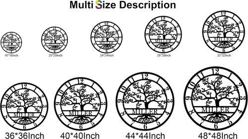 Miniatura 5 de Reloj de pared de metal personalizado con el árbol de la vida, decoración de pared con apellido personalizado, reloj silencioso, decoración