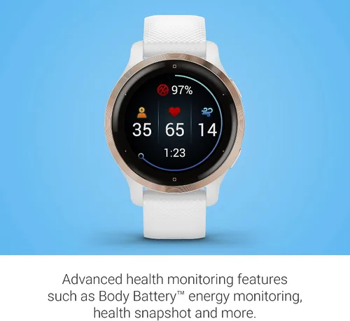 Miniatura 6 de Garmin Venu 2S, reloj inteligente GPS de tamaño pequeño con funciones avanzadas de monitoreo de salud y fitness, bisel de oro rosa con caja blanca