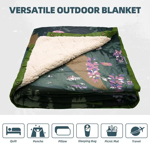 Miniatura 3 de Manta de campamento al aire libre con forro sherpa, mantas de campamento gruesas extra cálidas y acolchado ultraligero suave poncho DWR edredón
