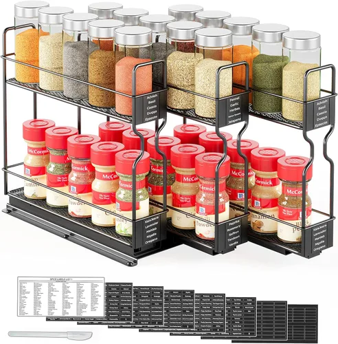 SpaceAid Organizador de especias extraíble para gabinete, organizador de cocina de condimentos deslizantes, organizador de gabinete, con etiquetas,