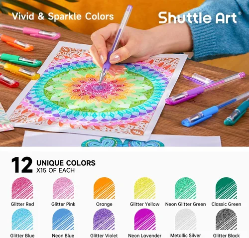 Miniatura 2 de Shuttle Art Bolígrafos de gel, paquete de 180 bolígrafos de gel, 12 colores surtidos a granel para adultos, libros de colorear, dibujo, garabatos