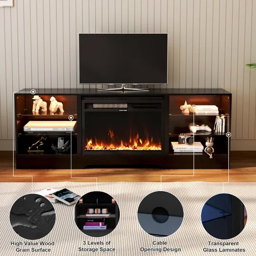Miniatura 4 de COCO DESIGN Fireplace TV Stand up to 75" TVs, 23" Electric Fireplace TV Console, LED Lights Wood and Glass Entertainment Center & Remote Control
