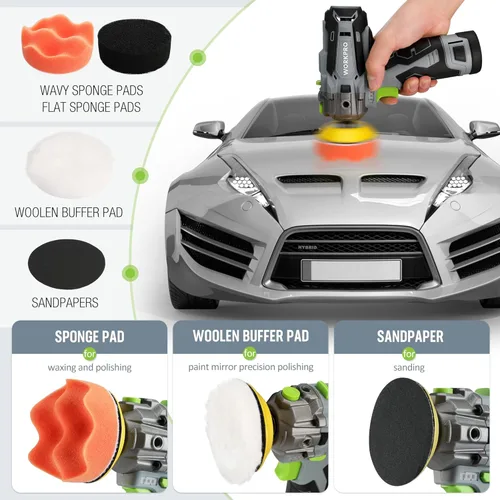 Miniatura 7 de WORKPRO Pulidora Inalámbrica de 12V, Kit de Máquina Pulidora y Lijadora Mini para Detalles de Auto de 3", con 2 Baterías de Iones de Litio, Gatillo