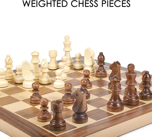 Miniatura 3 de AMEROUS Juego de ajedrez y damas de madera de 15 pulgadas con piezas de ajedrez ponderadas mejoradas - 2 reinas extra - 24 piezas de damas