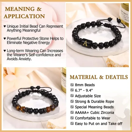 Miniatura 4 de STORUP Regalos para mi hijo de mamá papá, 2 pulseras de cuentas de obsidiana con inicial de ojo de tigre y ágata negra, regalos de cumpleaños, Día