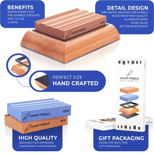 Miniatura 2 de Piedras de afilar Sharp Pebble para herramientas de tallado de madera - Dos piedras de afilar de grano 400 y 1000 para gubias - Sistema de afilado