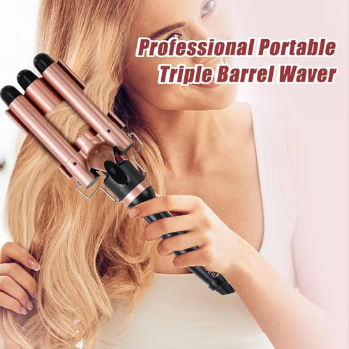 Miniatura 9 de Varita rizadora de triple barril, calentamiento rápido, control de temperatura de 2 LED, apagado automático, ondas playeras y estilo enredador