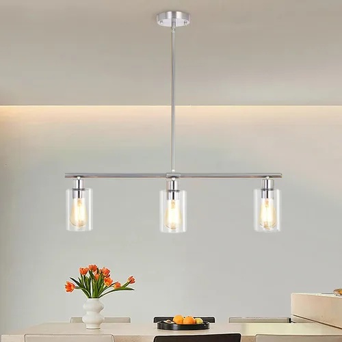 Miniatura 2 de Iluminación de isla de cocina, 3 luces negras para comedor, lámpara de araña lineal moderna con pantalla de vidrio transparente, 31 pulgadas
