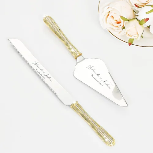 Miniatura 10 de Juego de cuchillo y servidor para pastel de boda, juego de corte de pastel personalizado, elegantes cortadores de pasteles grabados con diamantes
