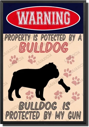 Miniatura 25 de LIUAXICIA Letreros divertidos de metal con texto en inglés "Warning Property is Potected by A American Bulldog is Protected by My Gun" The Coffee