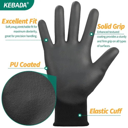 Miniatura 2 de Kebada Guantes de trabajo de seguridad, paquete de 120 pares a granel, pantalla táctil, revestimiento de poliuretano, ideales para almacén, Negro