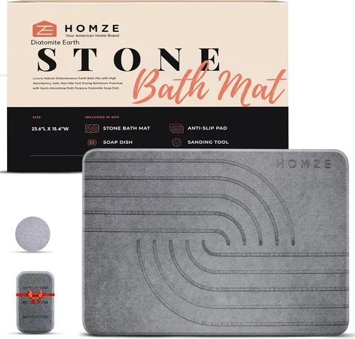 Tapete de baño de piedra, tierra de diatomeas, secado rápido, antideslizante, súper absorbente, tapete de baño de lujo, diseño estético, gris oscuro