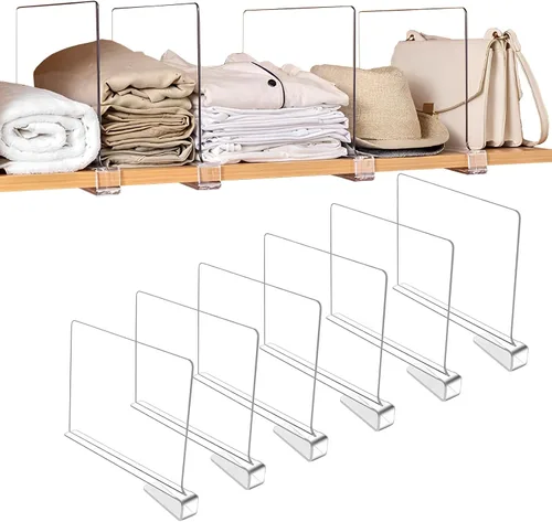 Sooyee Paquete de 6 hermosos separadores de estantes acrílicos, perfectos para armarios, cocina, dormitorio, organización de estanterías para