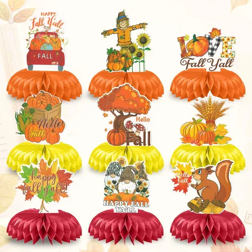 Miniatura 8 de Centros de mesa de nido de abeja de feliz otoño, centros de mesa de panal 3D, decoración de cosecha de espantapájaros, camión, calabaza, girasol