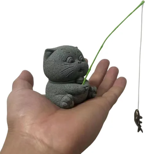 livelyfish Estatua de gato de pesca, figuras de pescador, escultura de piedra arenisca para jardín de hadas, acuario, pecera, bonsái, decoración