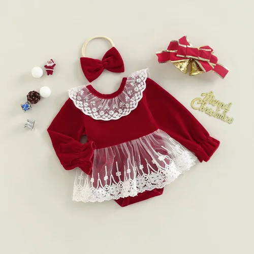 Miniatura 16 de Mameluco de Navidad para niñas recién nacidas, falda de malla de terciopelo rojo, traje de primera Navidad, regalo de Navidad