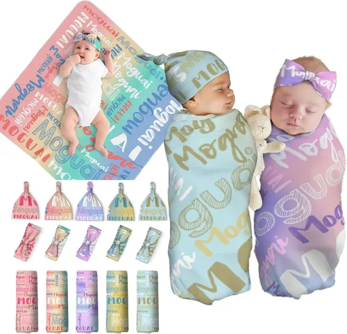 Miniatura 9 de Juego de manta personalizada para bebé con diadema acogedora y sombrero para niñas y niños recién nacidos, manta personalizada con nombre de bebé