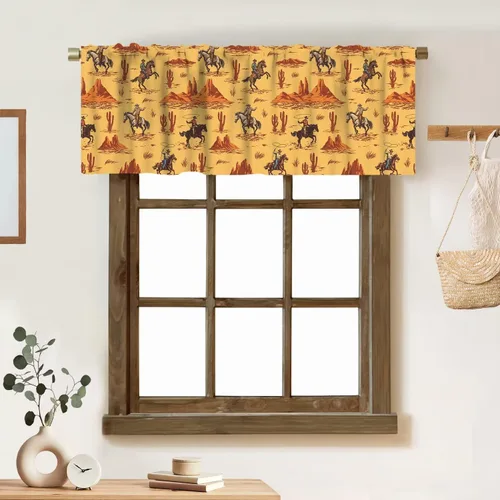 Cortina de cenefa vintage de vaquero occidental salvaje y caballos, cenefa con bolsillo para barra, 1 panel, cortinas cortas para cocina, casa de