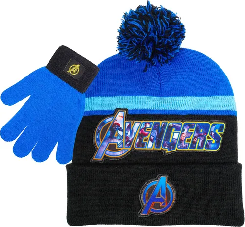 Marvel Avengers - Juego de sombreros de invierno y guantes de nieve para niños y niños pequeños con lindos guantes y gorro suave, pompones esponjosos
