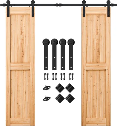 Miniatura 7 de SMARTSTANDARD Kit de herrajes para puerta corrediza de granero de doble puerta resistente de 5 pies, suave y silencioso, fácil de instalar, incluye