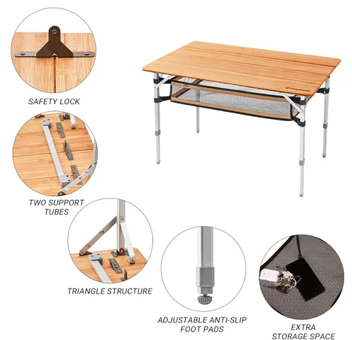 Miniatura 4 de KingCamp Mesa de camping plegable de bambú estable ligera Mesas plegables al aire libre de bambú Picnic portátil de altura ajustable