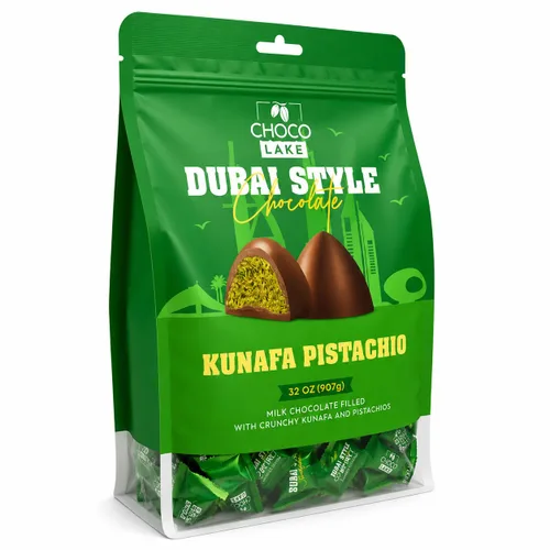 Choco Lake - Chocolate de pistacho Kunafa estilo Dubai, bolsa a granel de 32 onzas, chocolate con leche relleno de kunafa crujiente y pistachos,