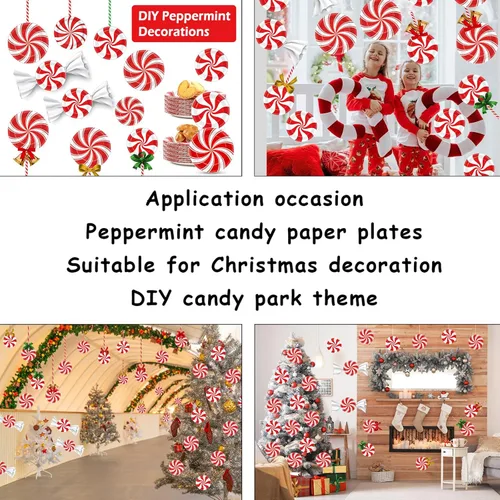 Miniatura 7 de Juego de 96 platos de papel de caramelo de menta de Navidad, suministros de fiesta, suministros de fiesta de caramelo y menta para vacaciones