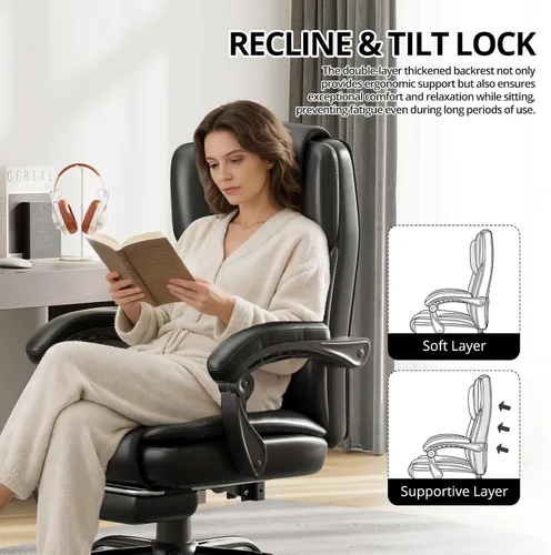 Miniatura 4 de Silla de oficina ejecutiva grande y alta de 350 libras con reposapiés, silla de escritorio reclinable de cuero con respaldo alto, asiento ancho