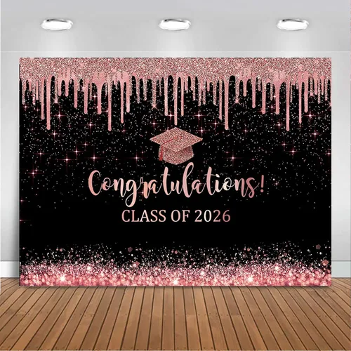 Miniatura 15 de Mocsicka Fondo de graduación de 7 x 5 pies 2026, decoraciones de graduación negro y dorado, pancarta de felicitaciones de graduación 2026, fondo