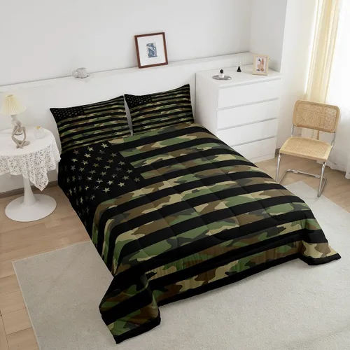 Miniatura 3 de Feelyou Juego de edredón de camuflaje del ejército con bandera estadounidense, decoración militar, camuflaje verde selva, bandera de Estados Unidos