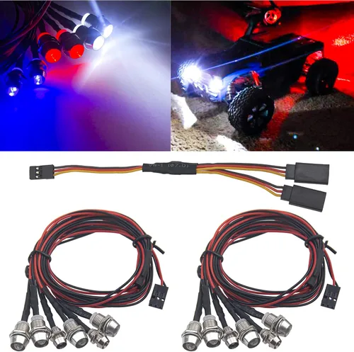 Paquete de 2 faros delanteros LED HIRCQOO 6LED RC para automóvil, iluminación trasera con cable JR Y compatible con Traxxas HSP Tamiya Redcat RC4WD