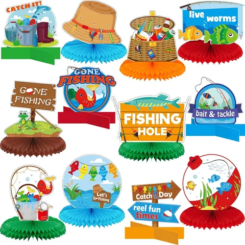 Zonon 12 piezas de decoraciones de fiesta de pesca que se han ido a pescar, decoraciones de fiesta, mesa de nido de abeja, suministros de pescador,