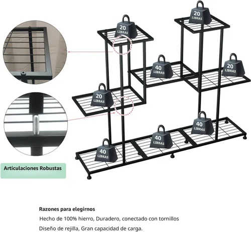 Miniatura 4 de Twhep Soporte de Metal para Plantas, 5 Niveles Soportes Multifuncionales para Plantas de Interior, Estante Decorativo de Acero Negro para Plantas