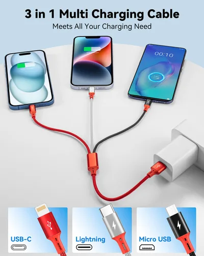 Miniatura 3 de Paquete de 2 cables de carga múltiple, 3 en 1, retráctil, cable de carga rápida, cargador USB C con Lightning/Micro/Tipo C para iPhone, iPad, Rojo
